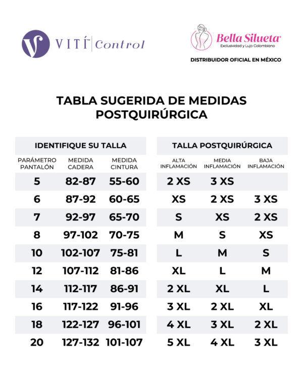 tabla medidas fajas postquirurgica Vití Control